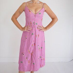 Farm Rio Pink Holiday Travel Print Button Front Resort Maxi Dress Illustrated P